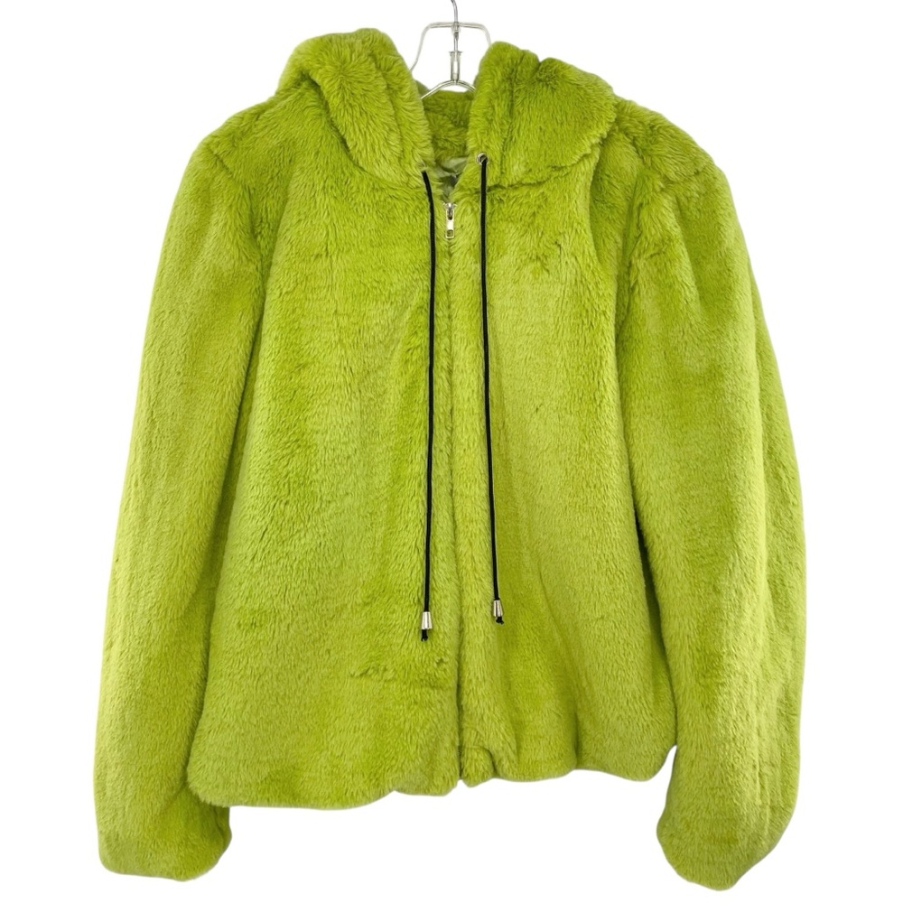 Casting LA Lime Green Fluffy Faux Fur Zip Up Hooded Coat